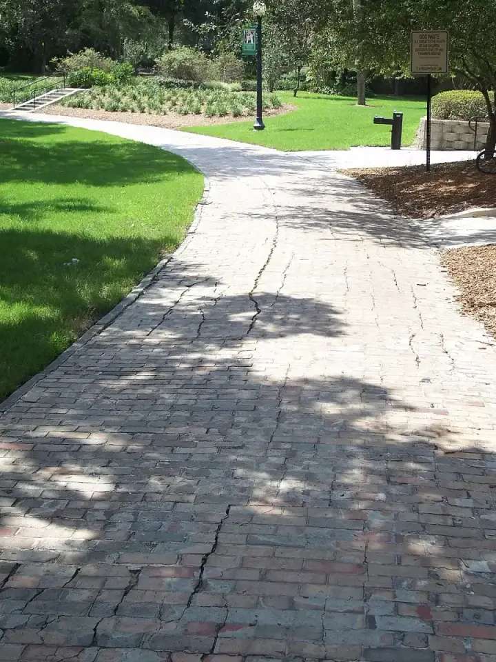 Un sendero de ladrillo que se curva entre el césped del parque del lago Lily, en Maitland